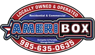 Logo for AmeriBox, a dumpster and storage rental service, featuring red, white, and blue colors.